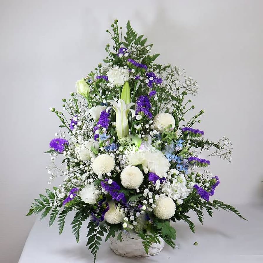 仏花、お供え花紫クレマチス、白百合アレンジ 仏花お供え花造花アレンジクレマチス初盆法事